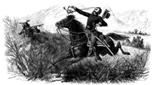 Artwork of a U.S. soldier being killed in battle with Native American fighters